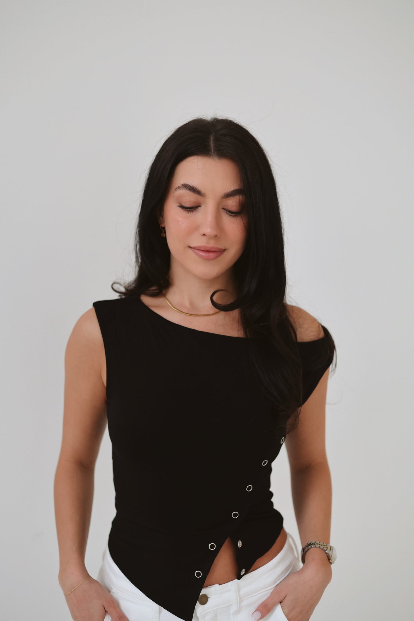 Side Note Asymmetrical Button Top - Black